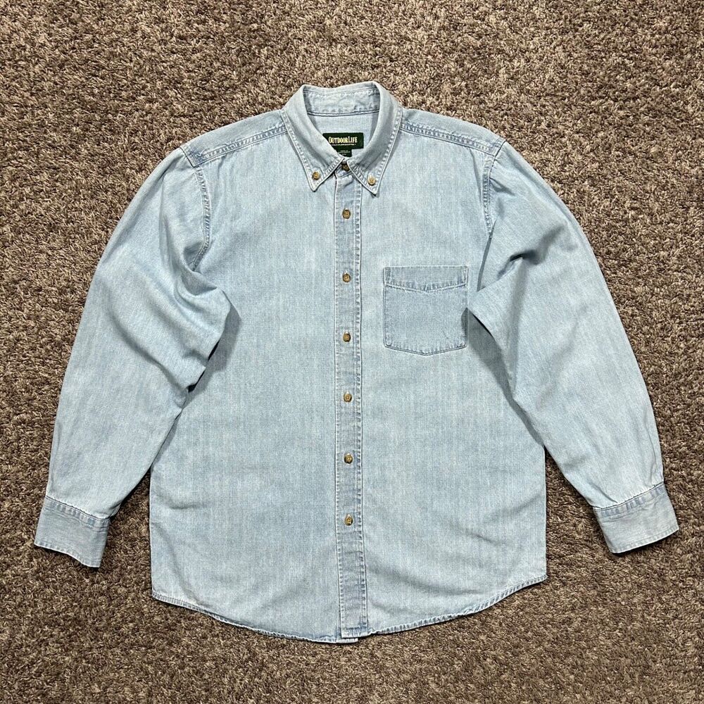 Vintage Denim Shirt y2k Long Sleeve Button Up Faded Blue Cotton Mens Medium - Picture 8 of 8